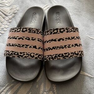 Adidas Women's Pink and Leopard Print Slide Sandals